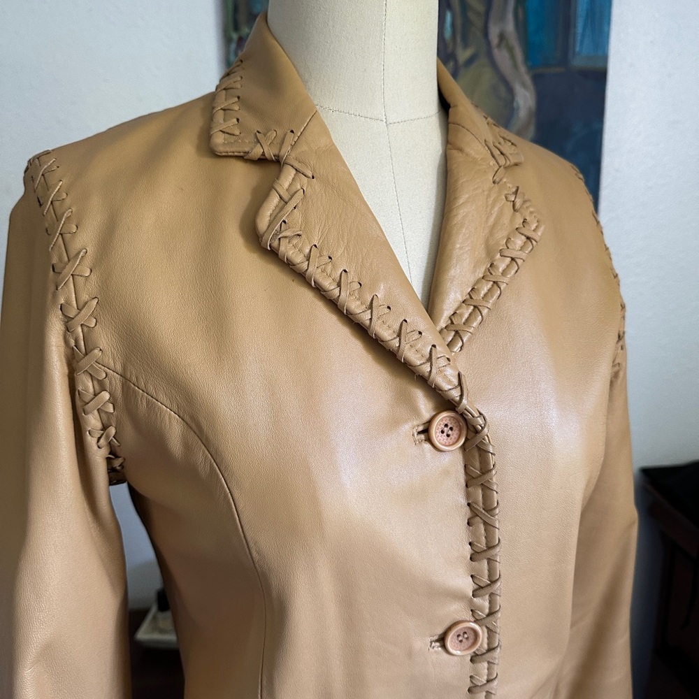 Tan Leather Button-Front Jacket - image 2
